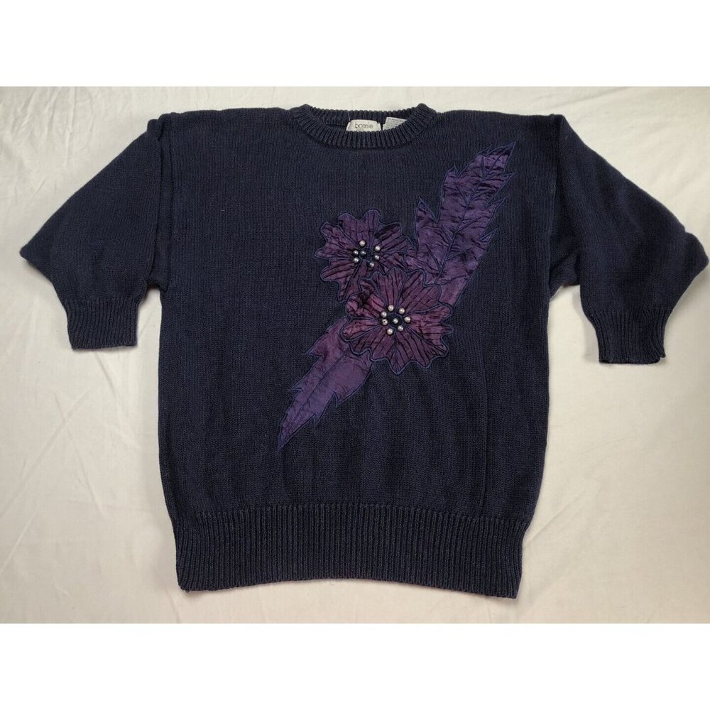 Bonnie and Bill by Holly Sweater Woman Flower Embroidered Dark Purple Size M VTG
